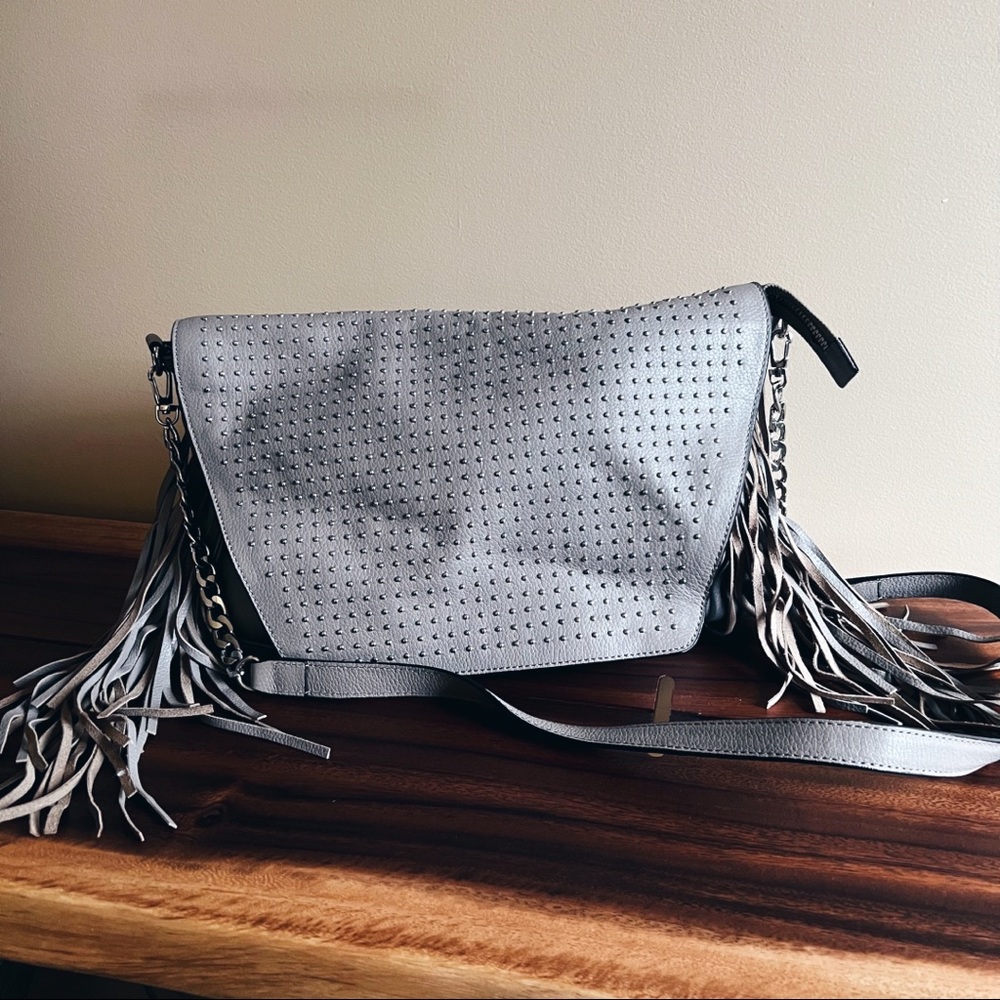 KELSI DAGGER - Grey Leather Fringe Crossbody Bag